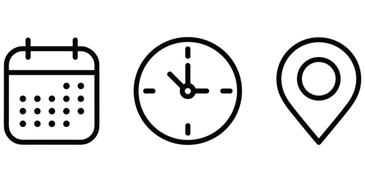 Scheduling and navigation icon collection featuring daily calendar analog clock and location marker