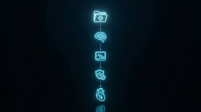 Neon medical icons flowchart on black background health technology concept with glowing blue symbols