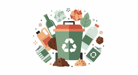 Naklejka premium Recycling Bin Illustration with Various Waste Items, Plastic, Glass, and Paper for Sustainable Environment and Waste Management Concept