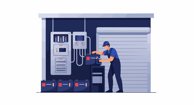 Professional Technician Maintaining Battery Energy Storage System and Electrical Control Panel in Workshop Garage - Vector Illustration