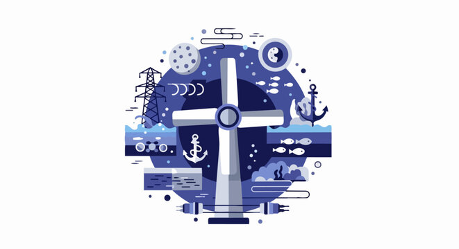 Abstract Blue Vector Illustration of a Wind Turbine and Maritime Elements for Renewable Energy and Sustainability Concepts