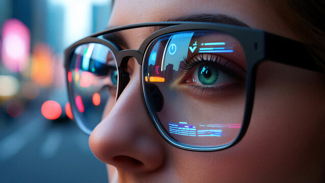 Closeup of a woman wearing futuristic augmented reality smart glasses