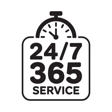24 7 service icon with clock black on white background