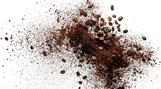 Roasted coffee beans and ground powder exploding on a white background, representing rich aroma.