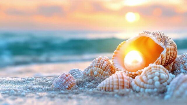 Serene seashell and pearl on sunset beach with soft waves and golden sky