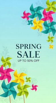 Colorful spring sale banner with bright pinwheels