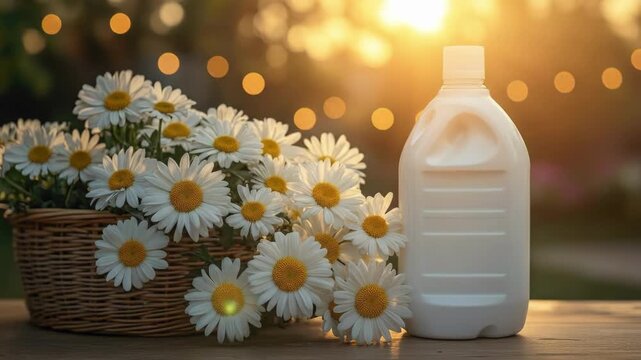 Bottled milk on table beside daisy flower basket at sunset
