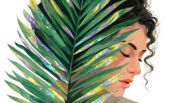 An illustrated woman with closed eyes is partially hidden behind a large green palm leaf on a plain white background. 
