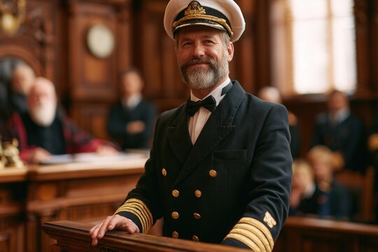 Captain smiles proudly in grand courtroom setting