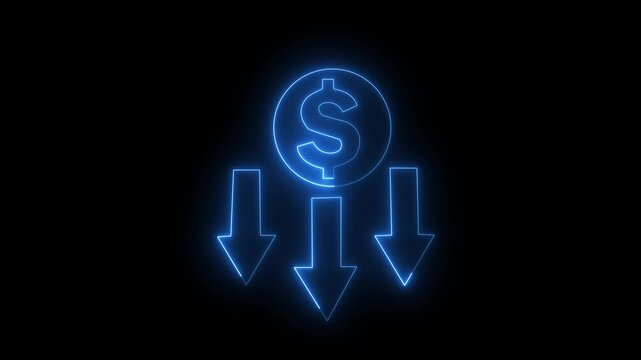 Abstract neon glowing icon isolated on black background. Glowing neon cost saving icon 4k isolated on black background. HD Video motion graphic animation.