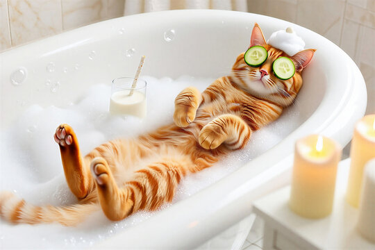 Relaxed ginger cat taking a bubble bath with cucumber slices on eyes