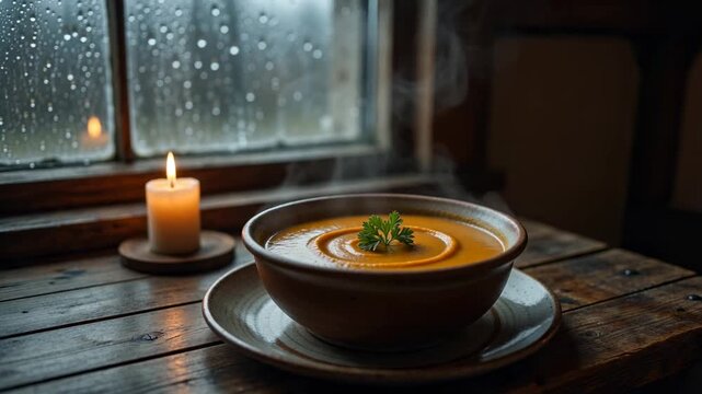 A warm bowl of pumpkin soup sits on a rustic wooden table next to a lit candle. The cozy setting features rain falling outside the window, creating a simple and comforting atmosphere
