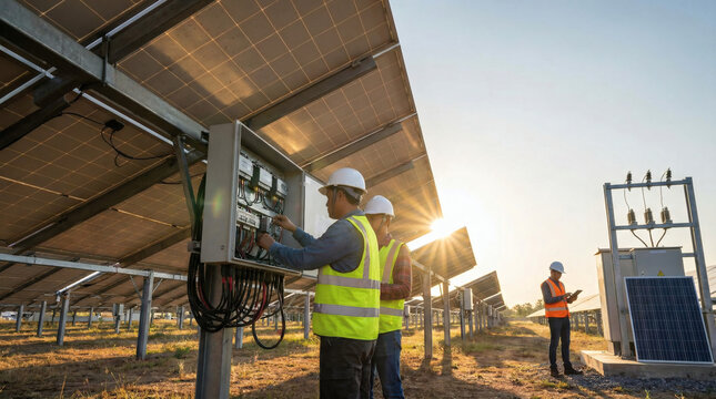 Engineers maintaining solar panel systems on a solar farm at sunset
