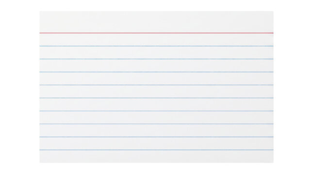 Blank white lined index card with red margin note paper. Isolated on transparent background, png
