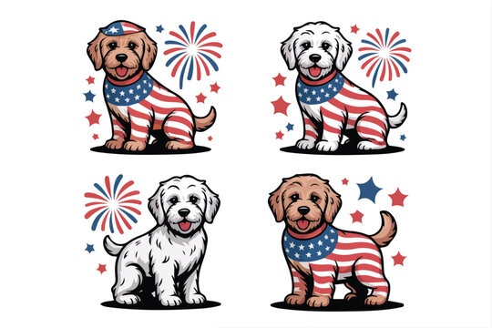 set of Goldendoodle for Independence day 4th of July vector illustration isolated on white background