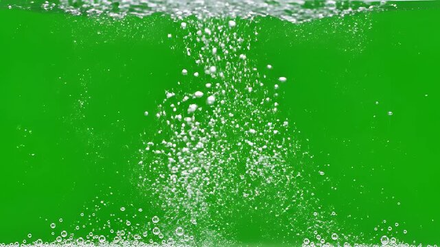 Close up of vibrant green liquid with rising bubbles and splashes.