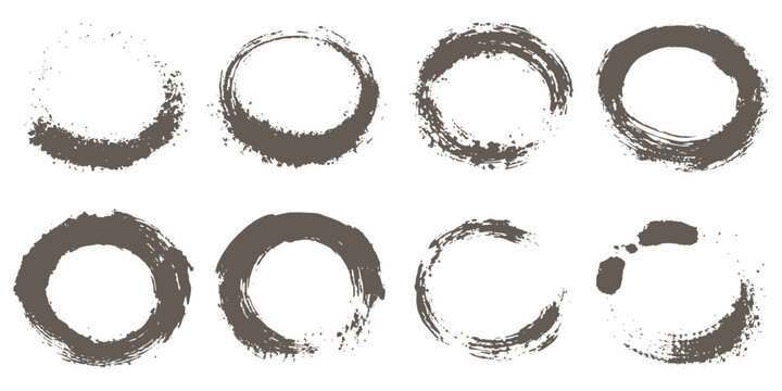 Set of grunge circular brush strokes, black ink round frames circles vector illustration.