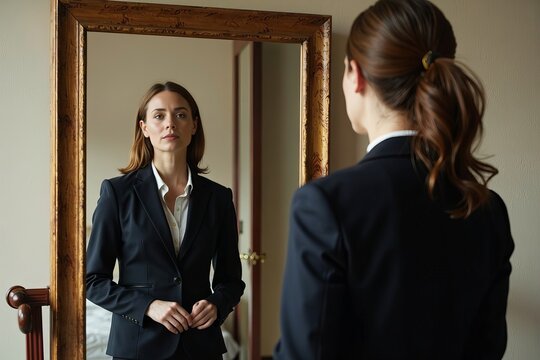 A Confident Woman in a Suit: Unveiling Her Inner Warrior Princess in the Mirror