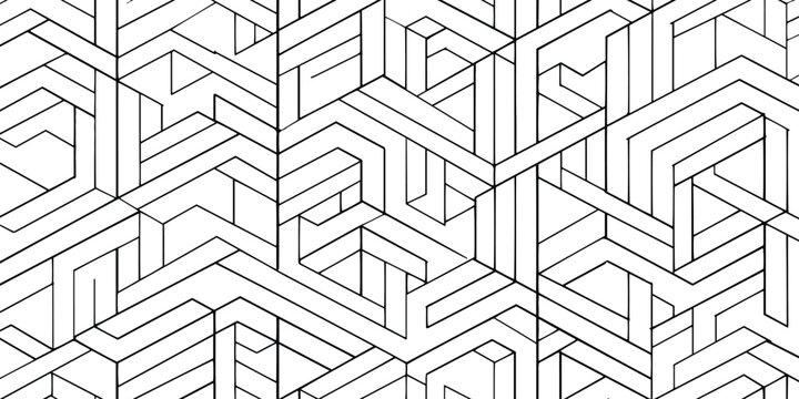 Black and white abstract geometric isometric block pattern with optical illusion 3D maze structure vector illustration.