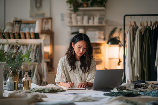 Young Female Founder Reviewing Fabric Samples in Design Studio