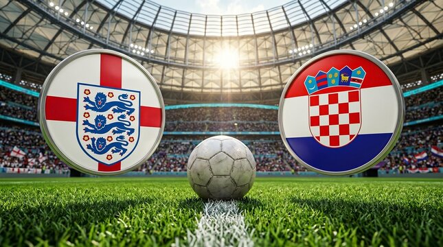 Soccer ball - England vs Croatia football match concept with national flags and soccer ball on stadium grass