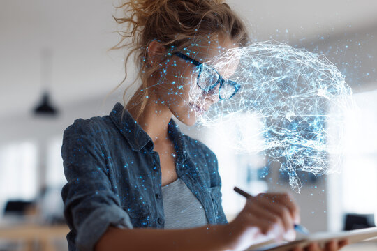 Female Graphic Designer Interacting with Holographic Augmented Reality Interface