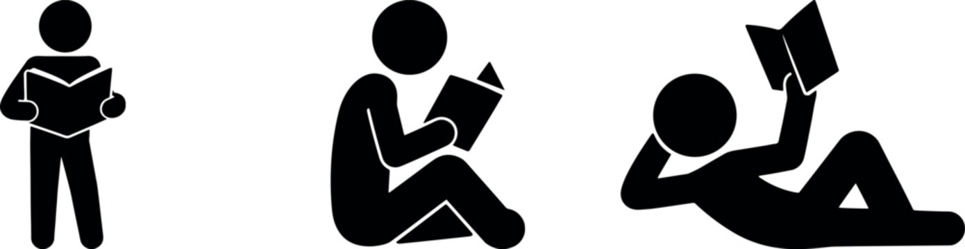 stickman reading books vector icons in different sitting poses isolated, student and learning silhouette vector set for education concepts, human reading vector illustrations for library and study 