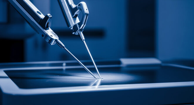 A robotic arm performs precision work on a futuristic device in a laboratory setting with technological equipment.