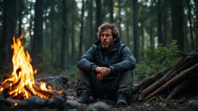 A man sits by a campfire in a dark forest, lost in thought.