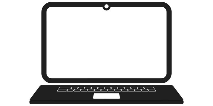 Modern laptop computer, digital device, blank screen, keyboard, touchpad, webcam, online communication, remote work, study, technology, flat vector illustration
