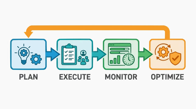 Business Process Cycle: An infographic illustrates a four-step business process cycle: Plan, Execute, Monitor, and Optimize, with icons representing each stage in a linear flow.