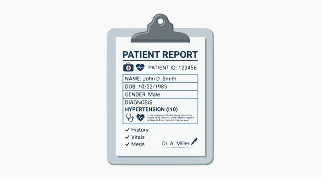 Patient Report Clipboard: A modern clipboard displaying a medical patient report, featuring fields for name, DOB, gender, diagnosis, and history, presented in a clean, organized layout.