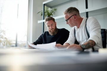 Fototapeta premium The Two Men Reviewing Blueprints at a Modern Office Table