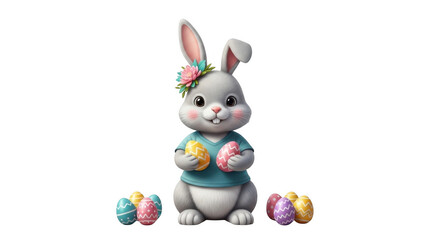 Fototapeta premium Cute grey easter bunny wearing a blue shirt and a floral headpiece, holding colorful patterned eggs against a black background