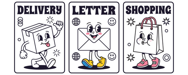 Retro cartoon characters for delivery, letter, and shopping services. © MDTAZBIRHOSSAIN