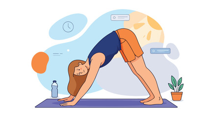 Obraz premium Illustration of a woman practicing downward-facing dog yoga on a purple mat with a water bottle and plant nearby.