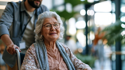 Fototapeta premium A European male caregiver viewed from the side pushes softly a calm senior woman in a bright wheelchair through a sunny modern facility in soft daylight wheelchair care faceless