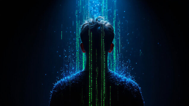 Digital human silhouette with binary code data stream