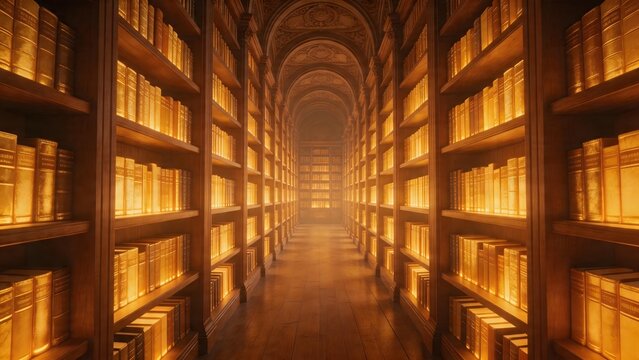 Long library corridor with bookshelves