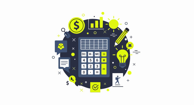Modern Business and Financial Planning Illustration with Calculator, Investment Growth Icons, and Creative Ideas for Budgeting and Accounting Analysis