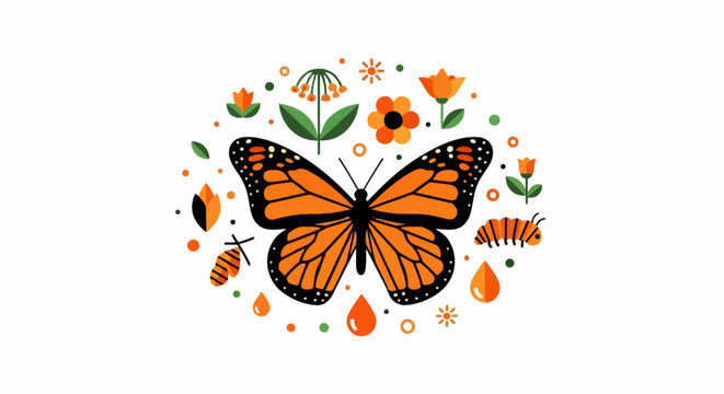 Monarch Butterfly Life Cycle Flat Vector Illustration with Flowers, Caterpillar, and Chrysalis in Minimalist Geometric Style