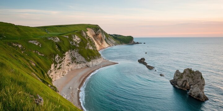The Cliffs and Bay at Sunset with Rocky Sea Stack and Rolling Green Hills