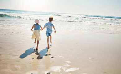 Family, kids and holding hands with running at beach for summer holiday, adventure or bonding....