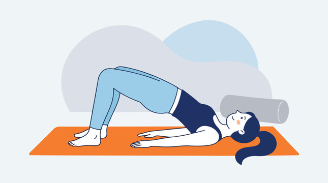 Woman performing bridge yoga pose on an orange mat with a gray block under her back