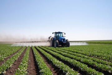Fototapeta premium The tractor spraying crops across a vast green field under clear blue sky