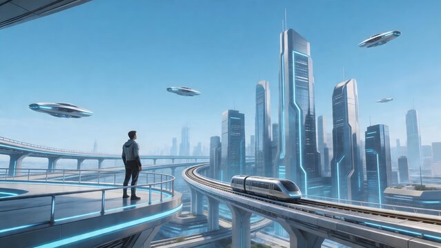 Futuristic cityscape with flying vehicles