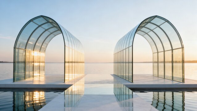 Modern glass arches over water at sunset
