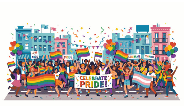 Colorful pride parade street celebration with dancing crowd and rainbow flags vector illustration