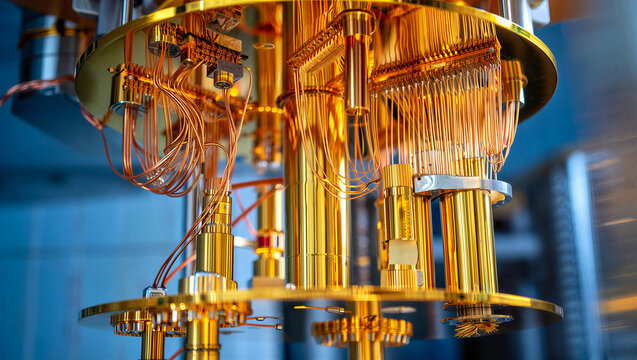 Closeup of the interior components of a quantum computer dilution refrigerator