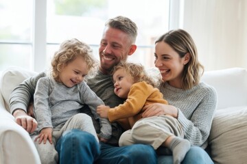 Obraz premium The family enjoying cozy moment together on couch with smiling parents and children